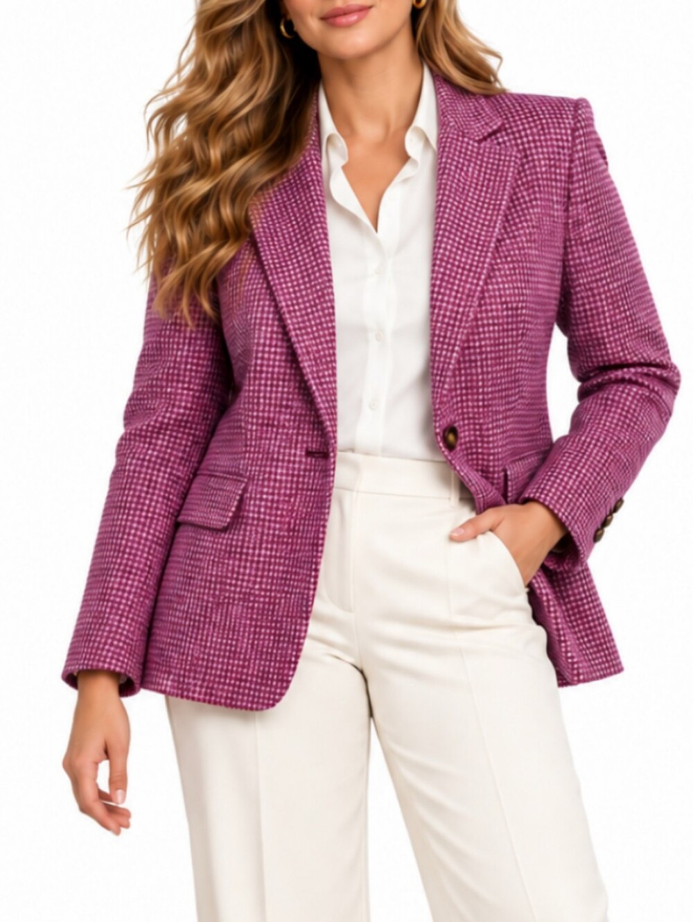 Talbots Pink Houndstooth Wool Blazer 14 Jacket Coat Tweed Workwear Preppy Chic